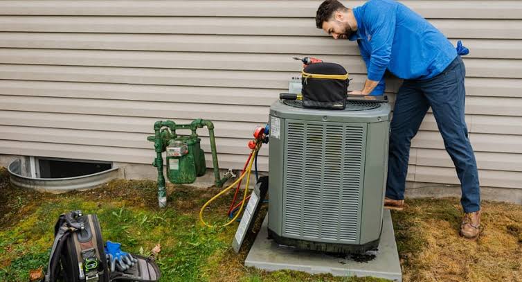Technician servicing an outdoor residential air conditioning unit